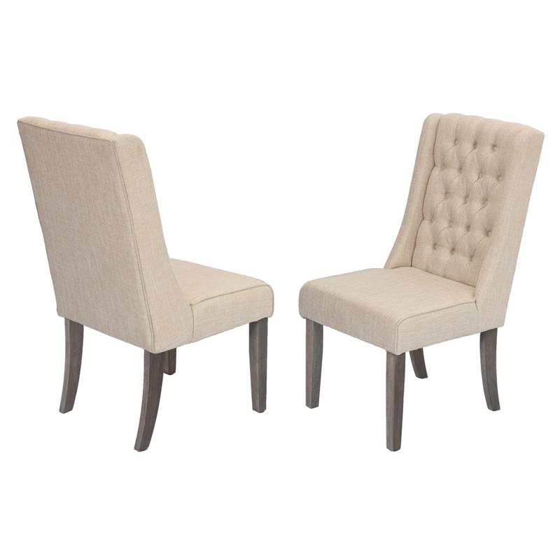 Rustic Gray Dining Chairs (Set of 2) with Beige Linen Fabric Tufted Seats