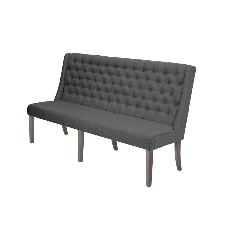Rustic Gray Wood Dining Bench with Tufted Seats and Gray Linen