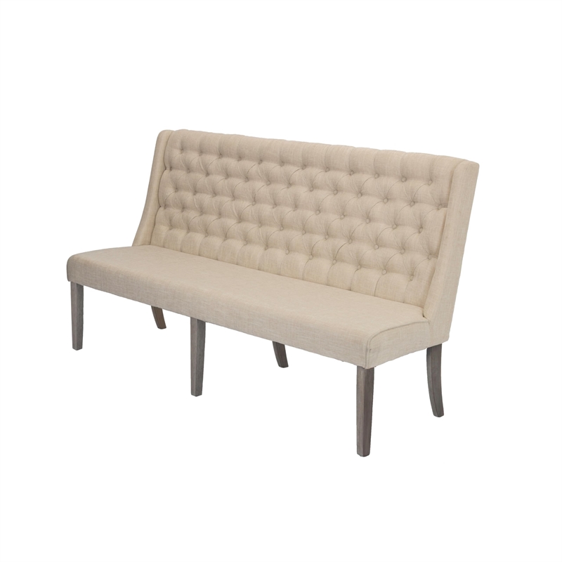 Rustic Gray Wood Dining Bench with Tufted Seats and Gray Linen