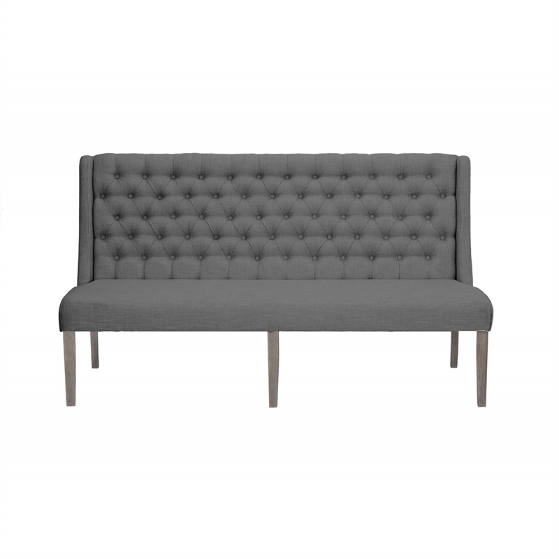 Rustic Gray Wood Dining Bench with Tufted Seats and Gray Linen