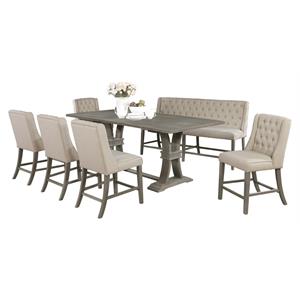 rustic counter-height gray wood 7pc dining set with beige linen chairs and bench