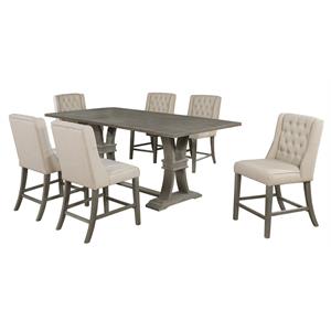 rustic counter-height gray wood 7pc dining set with beige linen chairs