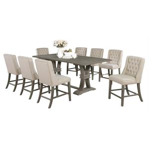 rustic counter-height gray wood 9pc dining set with beige linen chairs