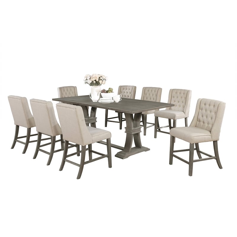 Counter-height Rustic Gray Wood Chair (Set of 2) with Beige Fabric Tufted Seats