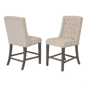 Counter-height Rustic Gray Wood Chair (Set of 2) with Beige Fabric Tufted Seats