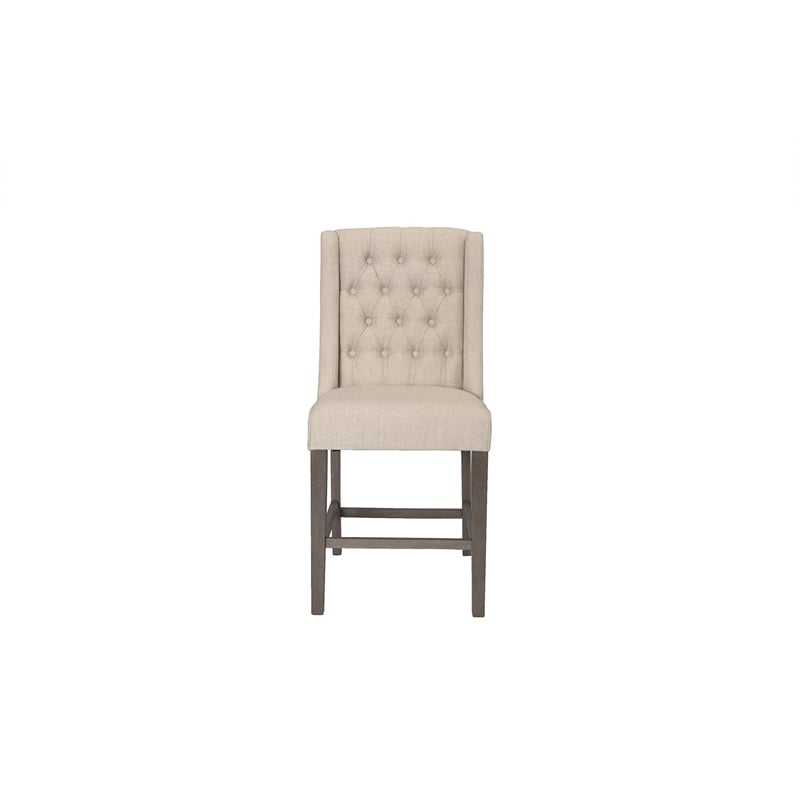 Counter-height Rustic Gray Wood Chair (Set of 2) with Beige Fabric Tufted Seats