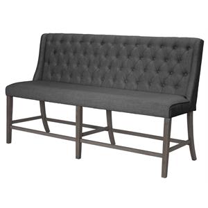Counter-height Rustic Gray Wood Dining Bench with Tufted Gray Linen