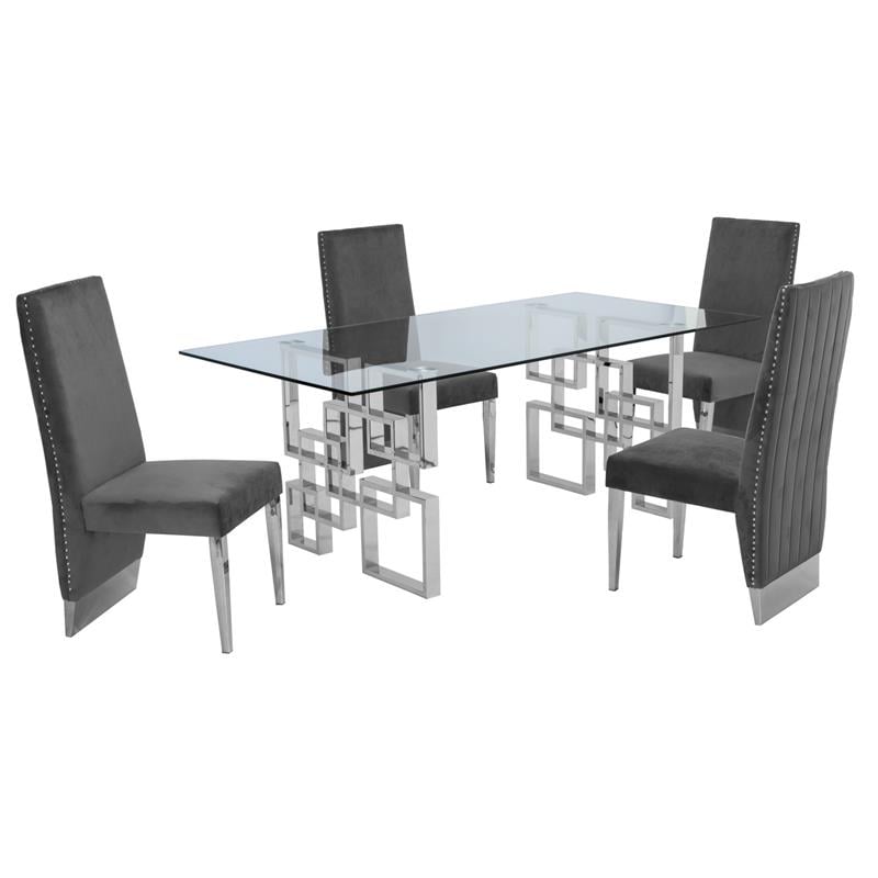Rectangular Clear Glass 5pc Dining Set with Silver Stainless Steel Base