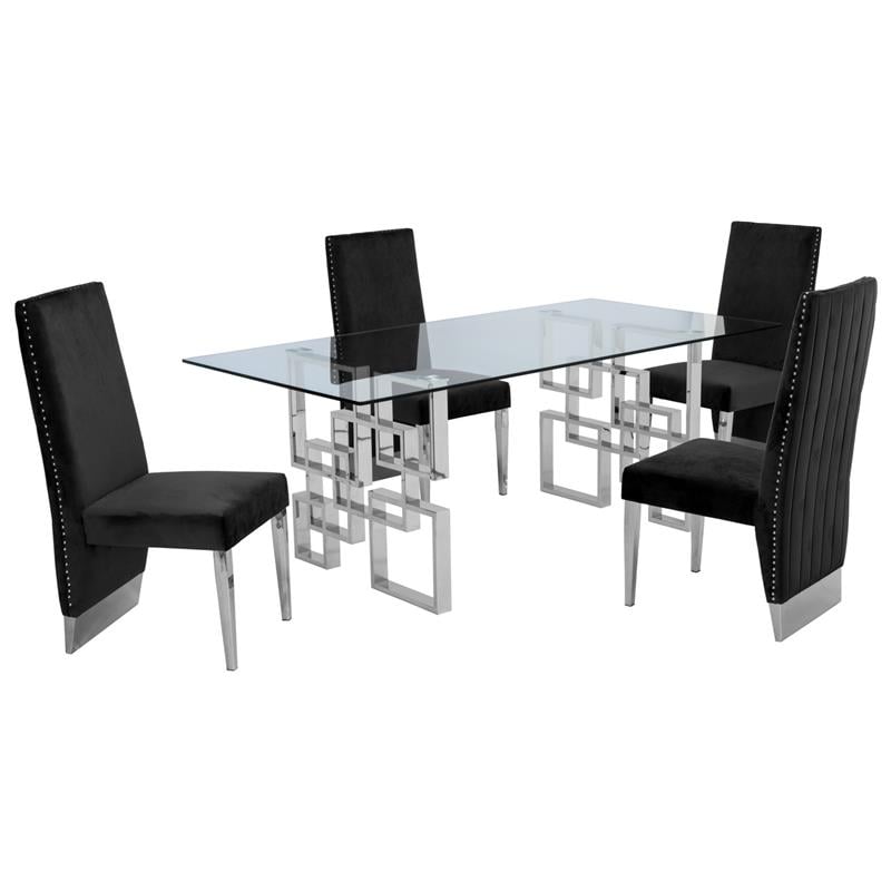 Rectangular Clear Glass 5pc Dining Set with Silver Stainless Steel Base