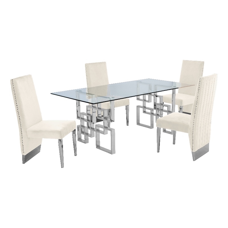 Rectangular Clear Glass 5pc Dining Set with Silver Stainless Steel Base