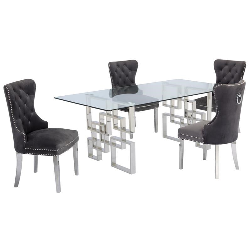 Rectangular Clear Glass 5pc Dining Set with Silver Stainless Steel Base