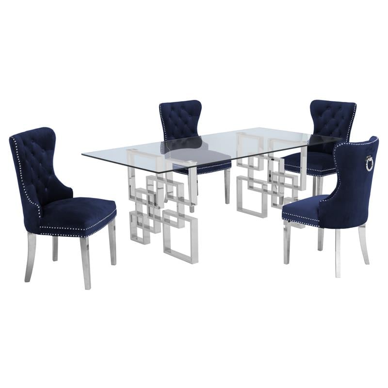 Rectangular Clear Glass 5pc Dining Set with Silver Stainless Steel Base