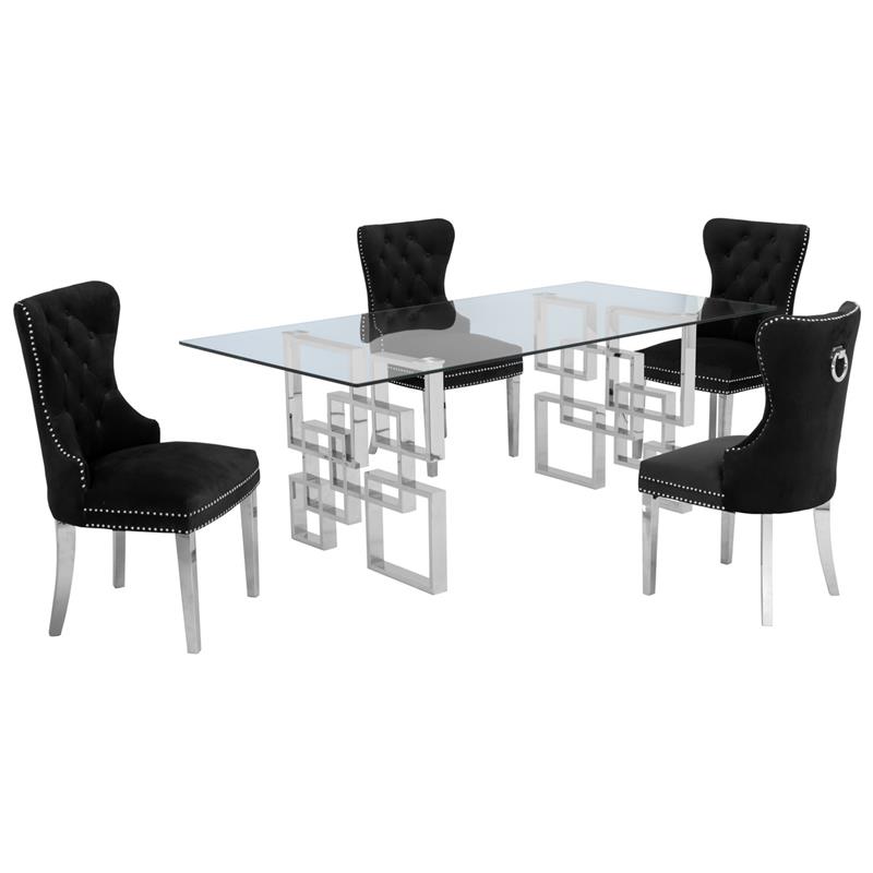 Rectangular Clear Glass 5pc Dining Set with Silver Stainless Steel Base