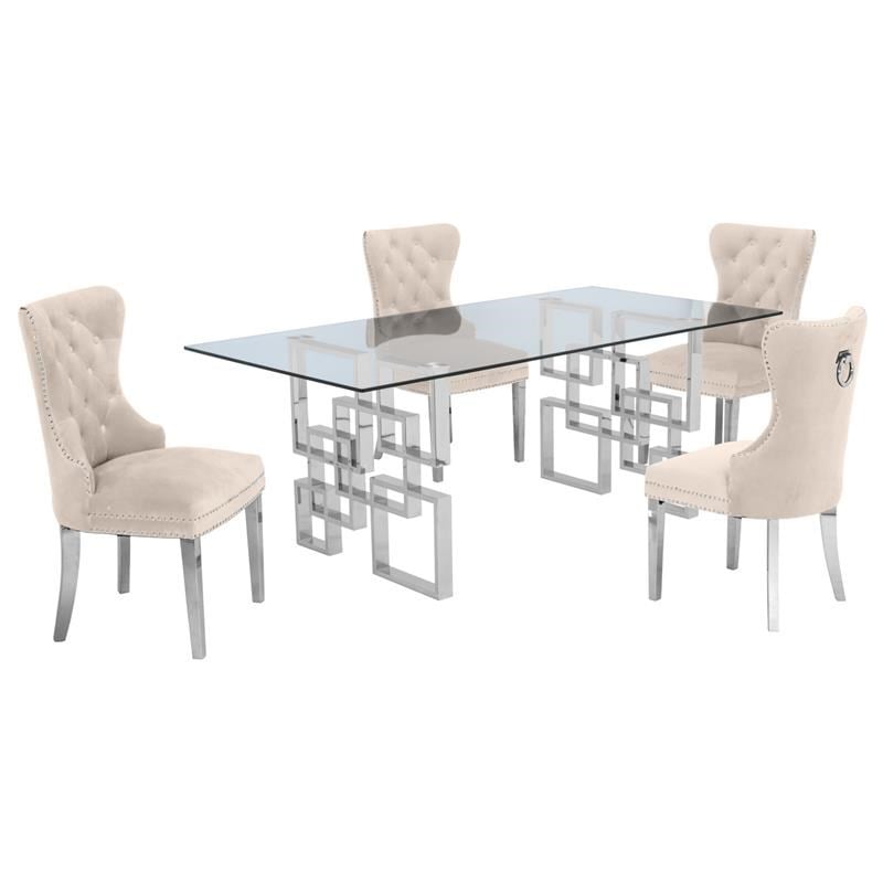 Rectangular Clear Glass 5pc Dining Set with Silver Stainless Steel Base