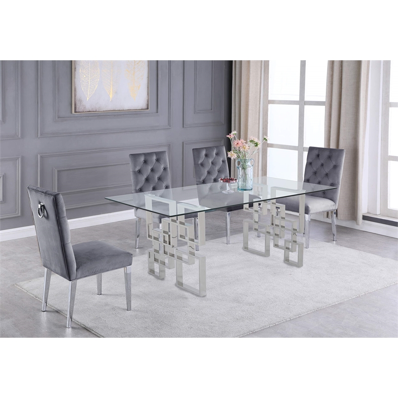 Rectangular Clear Glass 5pc Dining Set with Silver Stainless Steel Base