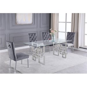 Rectangular Clear Glass 5pc Dining Set with Silver Stainless Steel Base