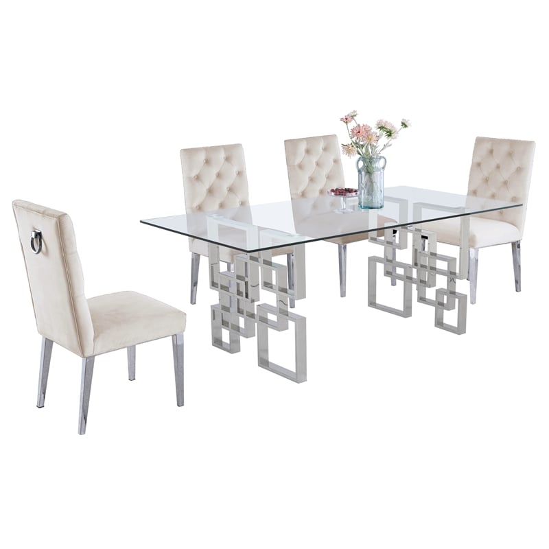 Rectangular Clear Glass 5pc Dining Set with Silver Stainless Steel Base