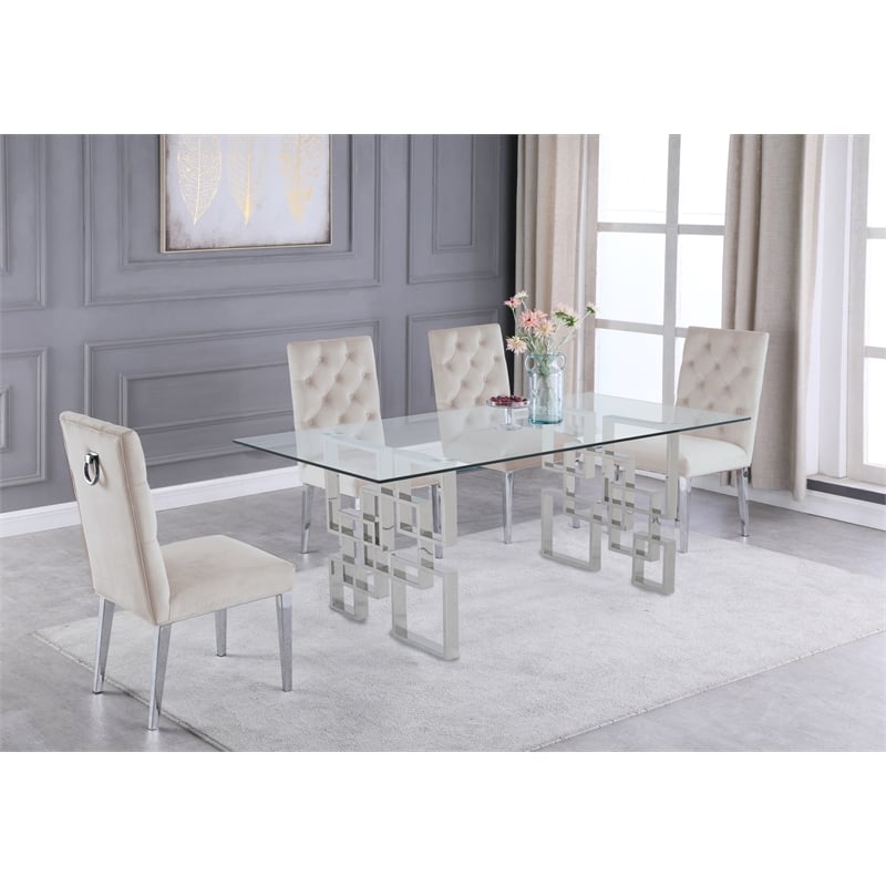 Rectangular Clear Glass 5pc Dining Set with Silver Stainless Steel Base