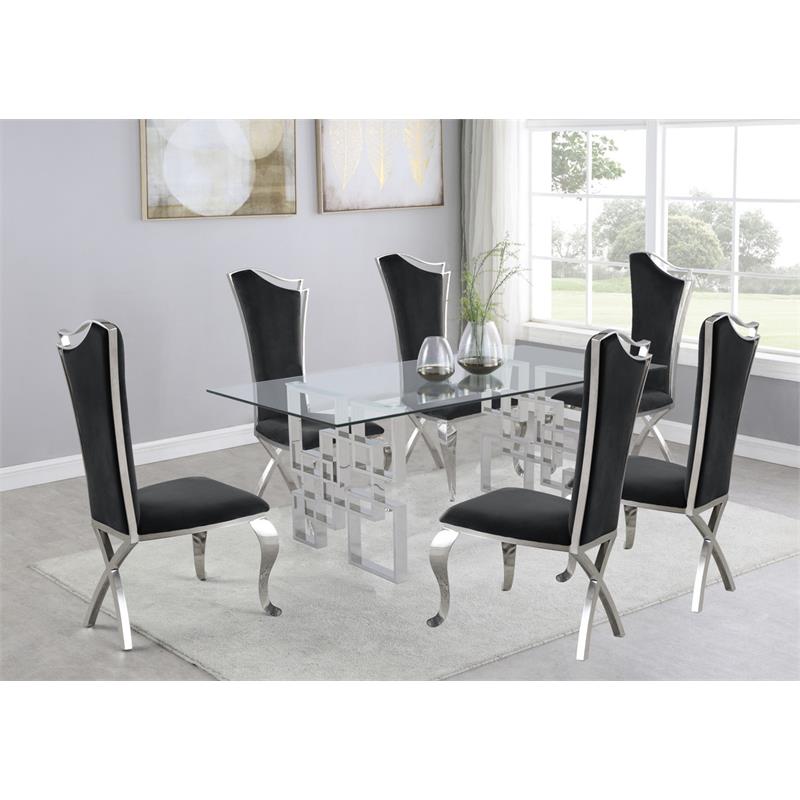 Rectangular Clear Glass 7pc Dining Set with Silver Stainless Steel Base