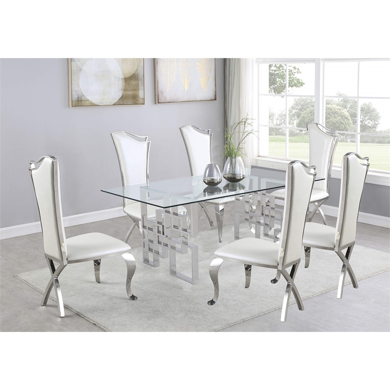 Rectangular Clear Glass 7pc Dining Set with Silver Stainless Steel Base