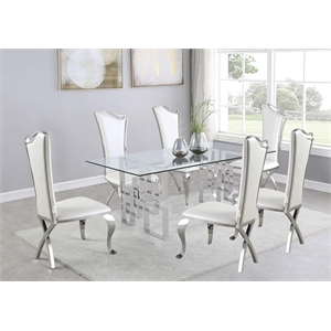 Rectangular Clear Glass 7pc Dining Set with Silver Stainless Steel Base