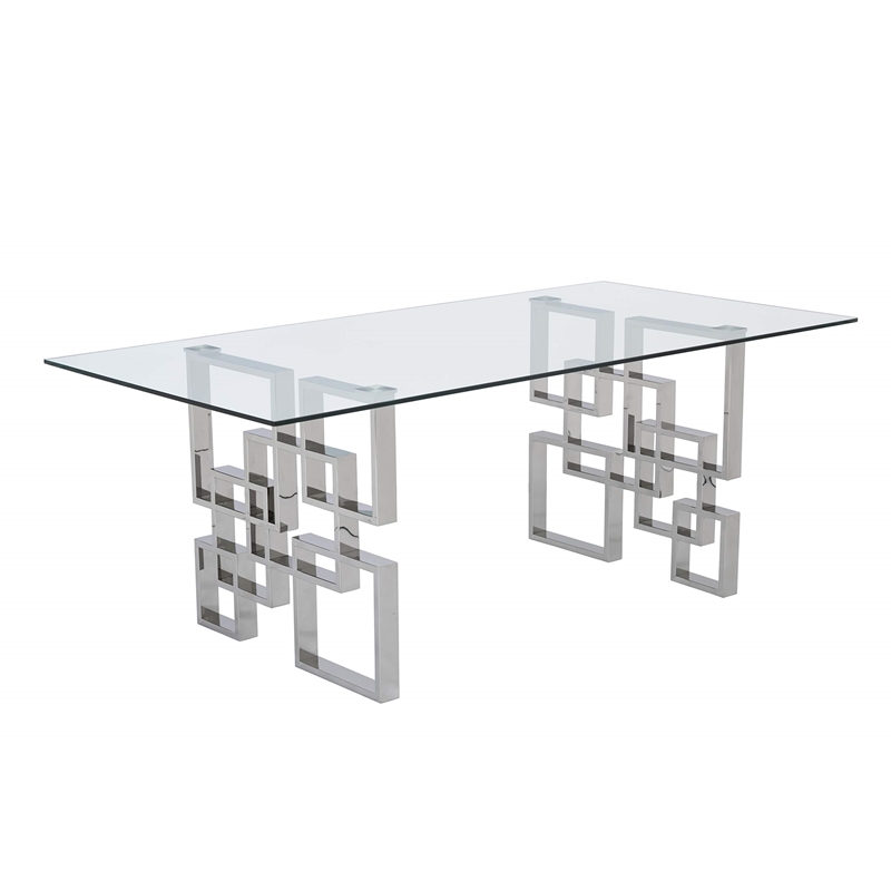 Rectangular Clear Glass 7pc Dining Set with Silver Stainless Steel Base