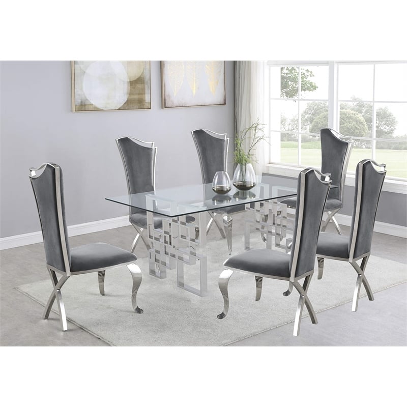 Rectangular Clear Glass 7pc Dining Set with Silver Stainless Steel Base
