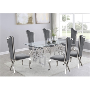 Rectangular Clear Glass 7pc Dining Set with Silver Stainless Steel Base