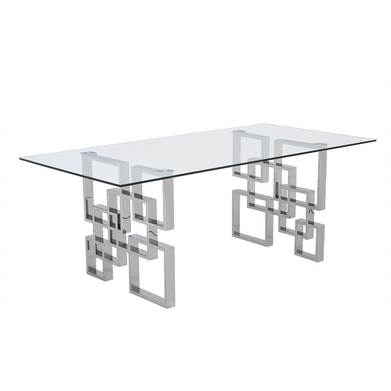 Rectangular Clear Glass 7pc Dining Set with Silver Stainless Steel Base