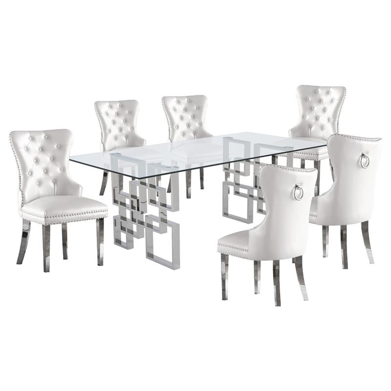 Rectangular Clear Glass 7pc Dining Set with Silver Stainless Steel Base