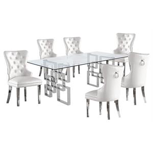 Rectangular Clear Glass 7pc Dining Set with Silver Stainless Steel Base