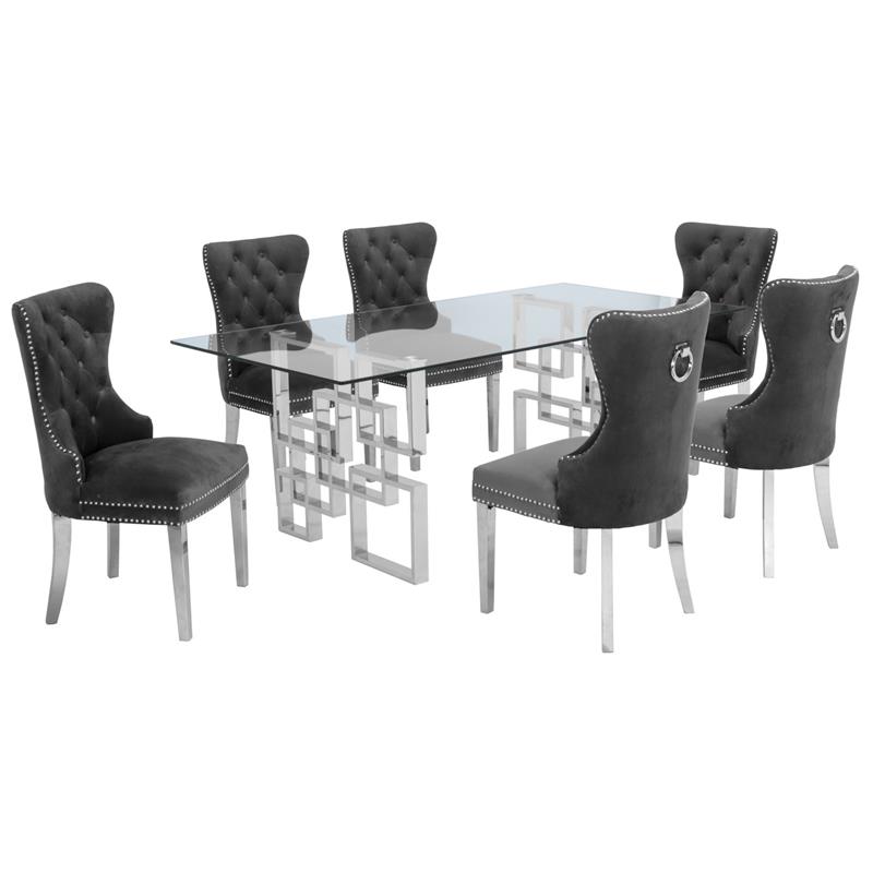 Rectangular Clear Glass 7pc Dining Set with Silver Stainless Steel Base