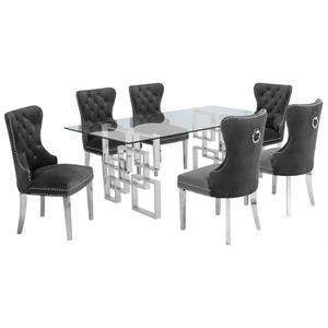 Rectangular Clear Glass 7pc Dining Set with Silver Stainless Steel Base