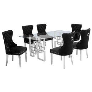 Rectangular Clear Glass 7pc Dining Set with Silver Stainless Steel Base