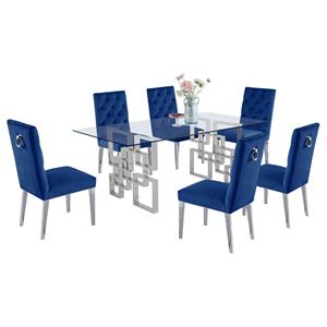 Rectangular Clear Glass 7pc Dining Set with Silver Stainless Steel Base