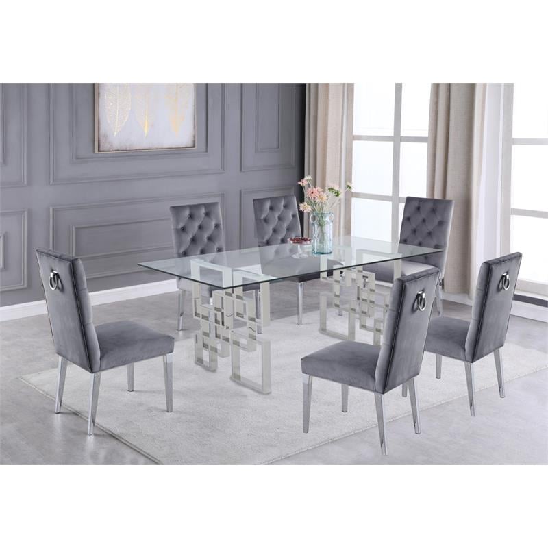 Rectangular Clear Glass 7pc Dining Set with Silver Stainless Steel Base