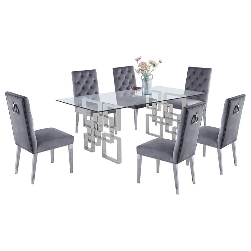 Rectangular Clear Glass 7pc Dining Set with Silver Stainless Steel Base
