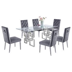 Rectangular Clear Glass 7pc Dining Set with Silver Stainless Steel Base