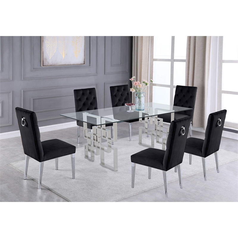 Rectangular Clear Glass 7pc Dining Set with Silver Stainless Steel Base