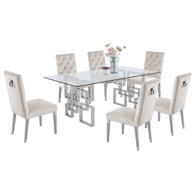 Rectangular Clear Glass 7pc Dining Set with Silver Stainless Steel Base