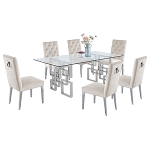 Rectangular Clear Glass 7pc Dining Set with Silver Stainless Steel Base