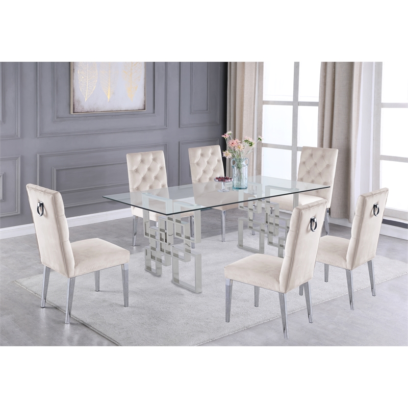Rectangular Clear Glass 7pc Dining Set with Silver Stainless Steel Base