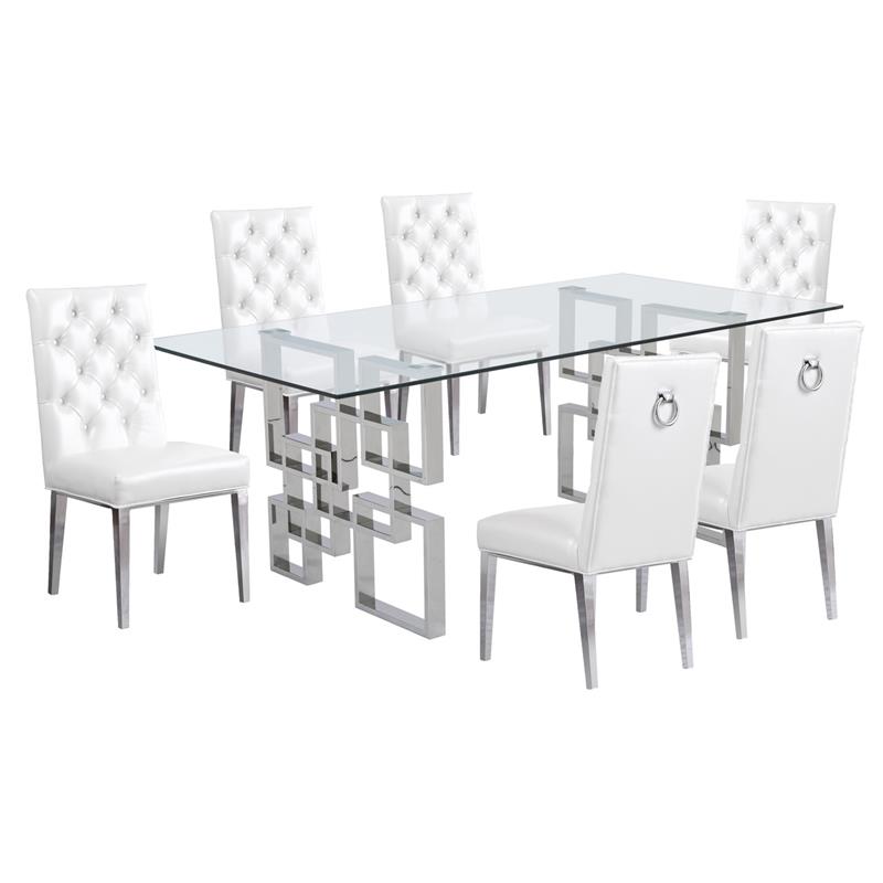 Rectangular Clear Glass 7pc Dining Set with Silver Stainless Steel Base