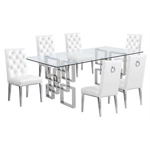 Rectangular Clear Glass 7pc Dining Set with Silver Stainless Steel Base