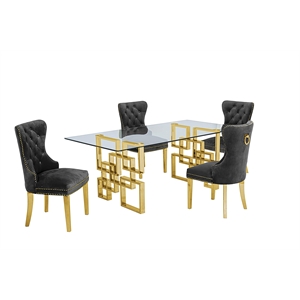 Rectangular Clear Glass 5pc Dining Set with Gold Stainless Steel Base