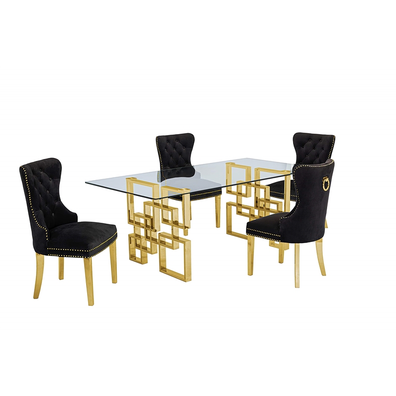 Rectangular Clear Glass 5pc Dining Set with Gold Stainless Steel Base