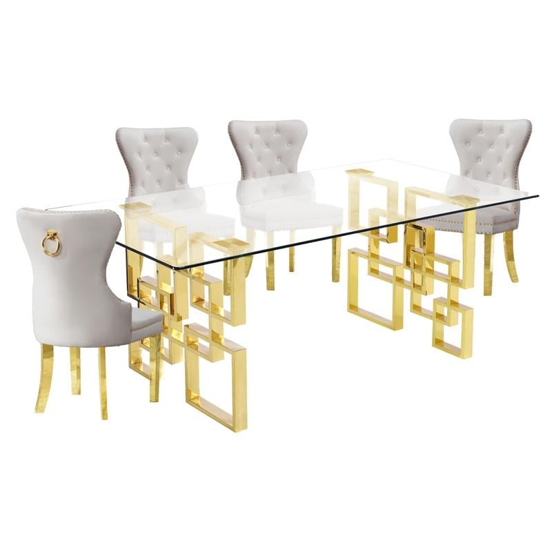 Rectangular Clear Glass 5pc Dining Set with Gold Stainless Steel Base