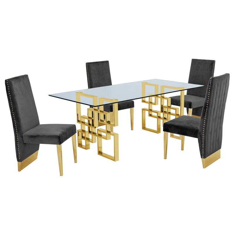Rectangular Clear Glass 5pc Dining Set with Gold Stainless Steel Base