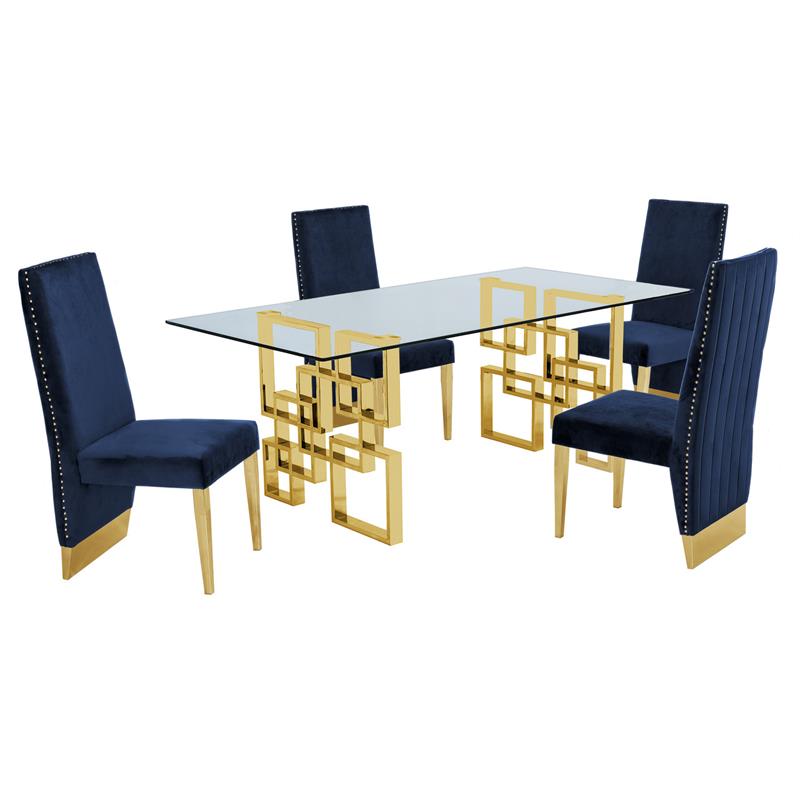 Rectangular Clear Glass 5pc Dining Set with Gold Stainless Steel Base