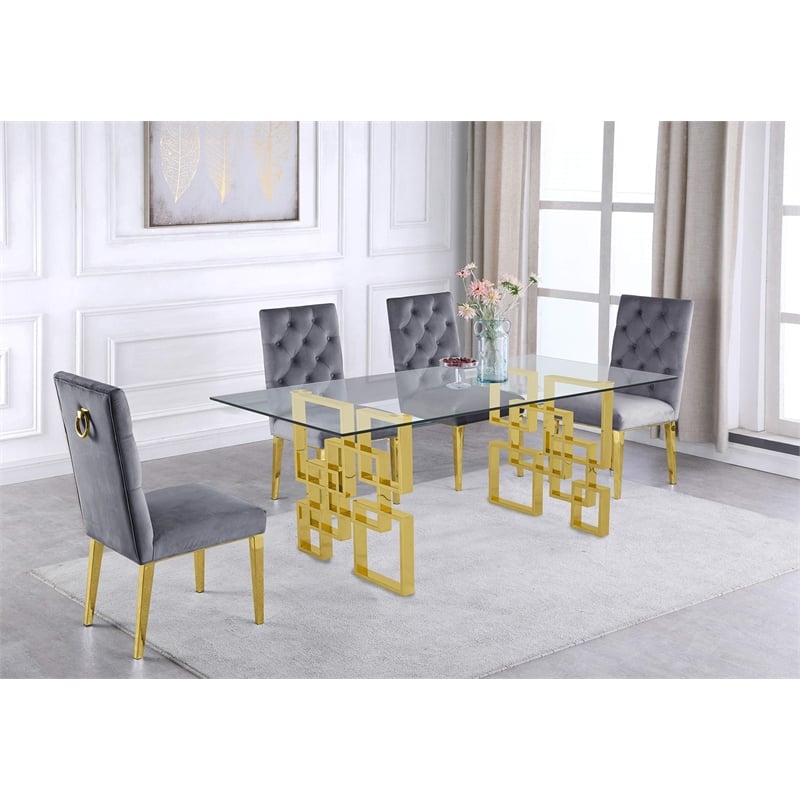 Rectangular Clear Glass 5pc Dining Set with Gold Stainless Steel Base